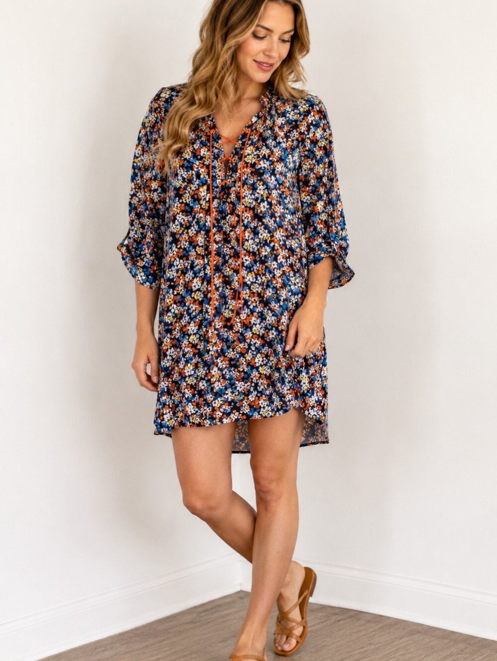 Rag & Bone Isla Dress Navy Floral Orange Lace-Up SP A-166